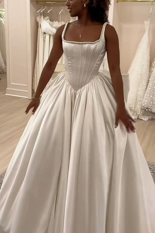 NiceVestidos – Satin-Brautkleid mit kurzem Arm und langem, quadratischem Ausschnitt, Korsett NV5884