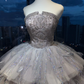 Silver Gray Strapless Princess Ball Gown Heavy Rhinestone Beading Tiered Glitter Tulle Feather Long Evening Gown  NV7005