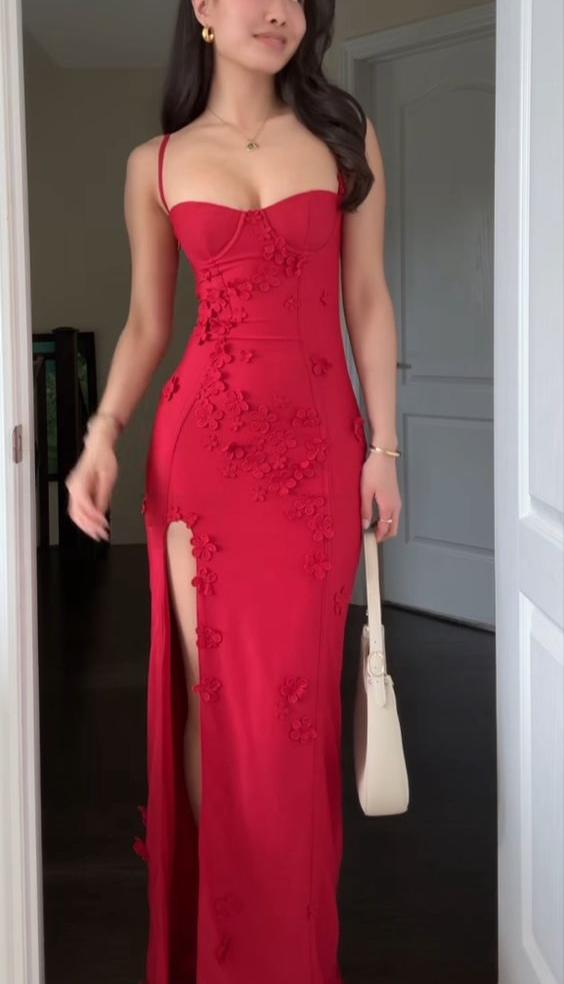 Red applique simple sexy long slit prom dress evening gown party dress nv2344