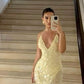 Yellow Fashion Elegant V-neck Mermaid Tulle Sequin Long Ball Gown Evening Gown Party Dress nv2441