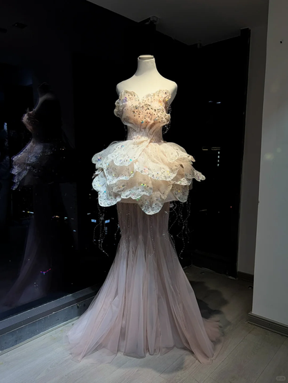 Nude Pink Strapless Mermaid Formal Gown Beaded Sequin Petal Ruffle Tulle Evening Dress  NV6968