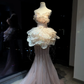 Nude Pink Strapless Mermaid Formal Gown Beaded Sequin Petal Ruffle Tulle Evening Dress  NV6968