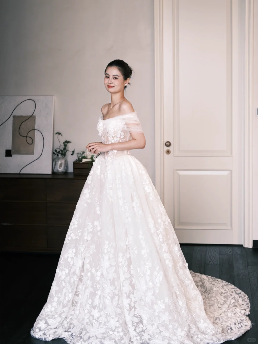 Off Shoulder Ivory Lace Wedding Gown, 3D Floral Appliques Sheer Corset Ballgown Bridal Dress  NV7392