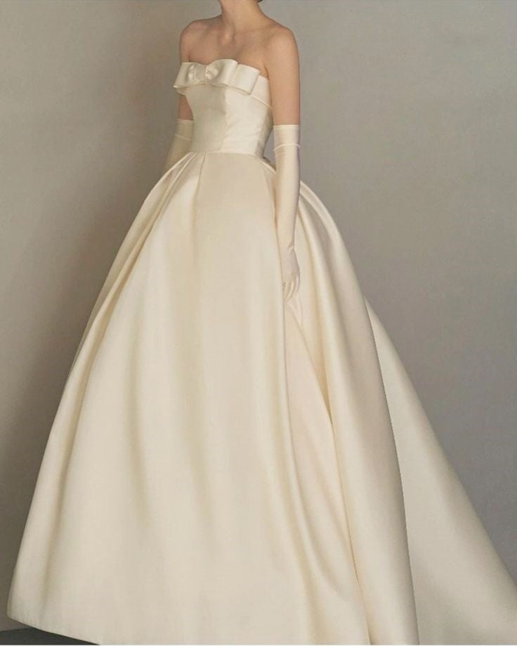 White Pink/White Bow Trim Long Satin Ball Gown Evening Dress Holiday Party Dress with Gloves nv3093