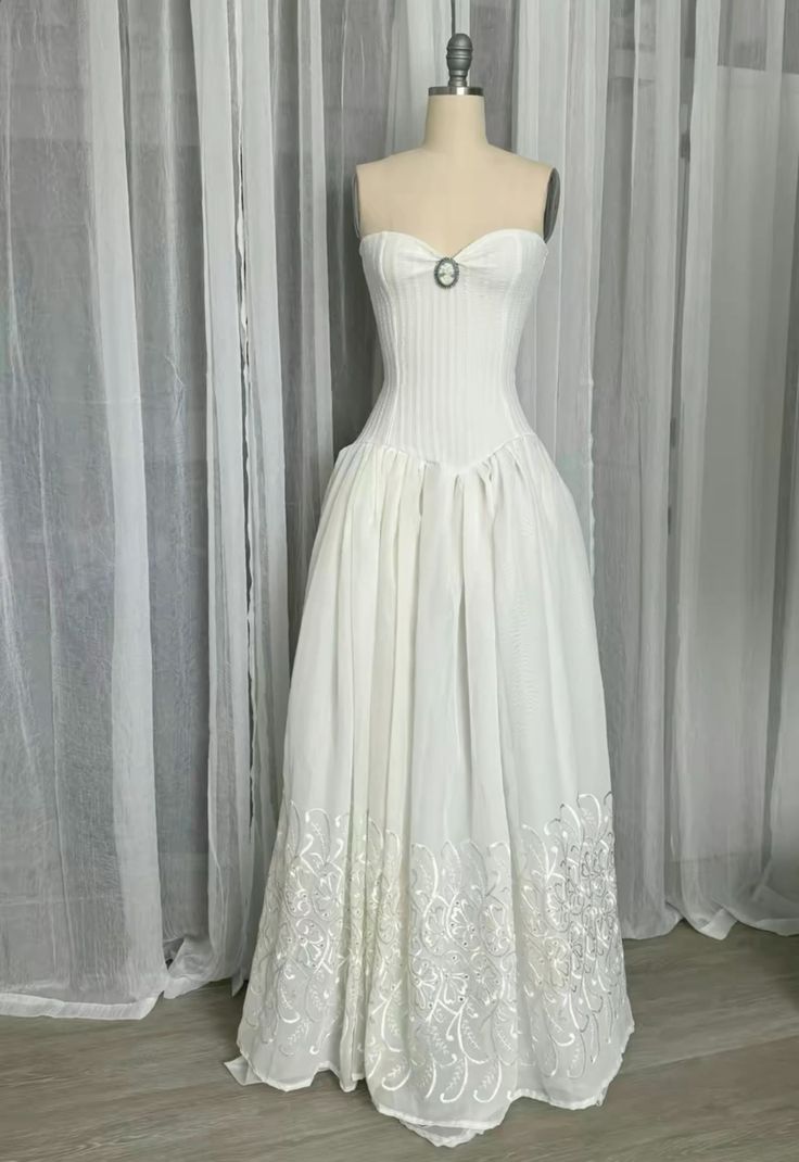 Weißes Vintage Elegantes Spitzen Tüll Langes Ballkleid Abendkleid Hochzeitskleid nv2817