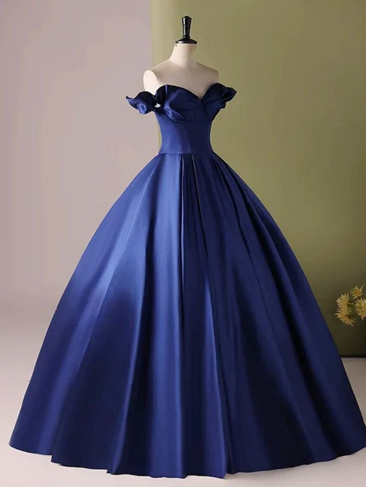 Blue strapless elegant simple A-line long satin ball gown evening dress nv3248