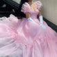 Pink Puff Sleeve Tulle Long Ball Gown Evening Dress Party Dress nv2702