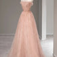 Wunderschönes, exquisites A-Linien-Ballkleid mit Spitzenausschnitt und Pailletten in Rosa, langer, bodenlanger Tüll, Abendkleid nv3814