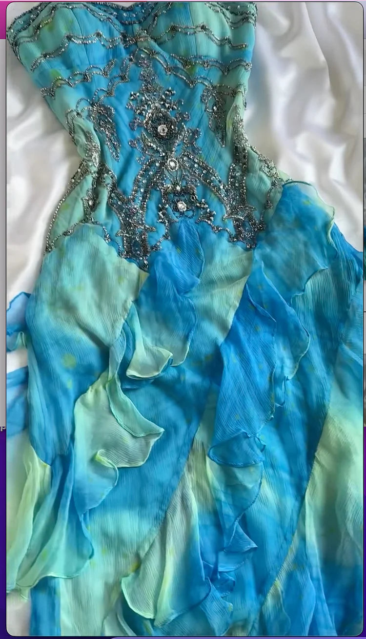 Robe de soirée courte en mousseline de soie, dégradé bleu brillant, magnifique, style rétro, perles de pierres précieuses exquises, longueur cheville, à volants, NV5709