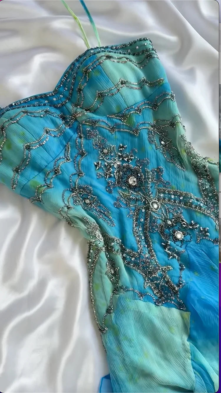 Robe de soirée courte en mousseline de soie, dégradé bleu brillant, magnifique, style rétro, perles de pierres précieuses exquises, longueur cheville, à volants, NV5709