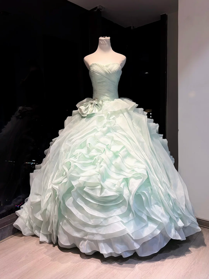 Mint Green Strapless Ball Gown Ruched Bodice Layered Ruffle Organza Formal Dress  NV6957