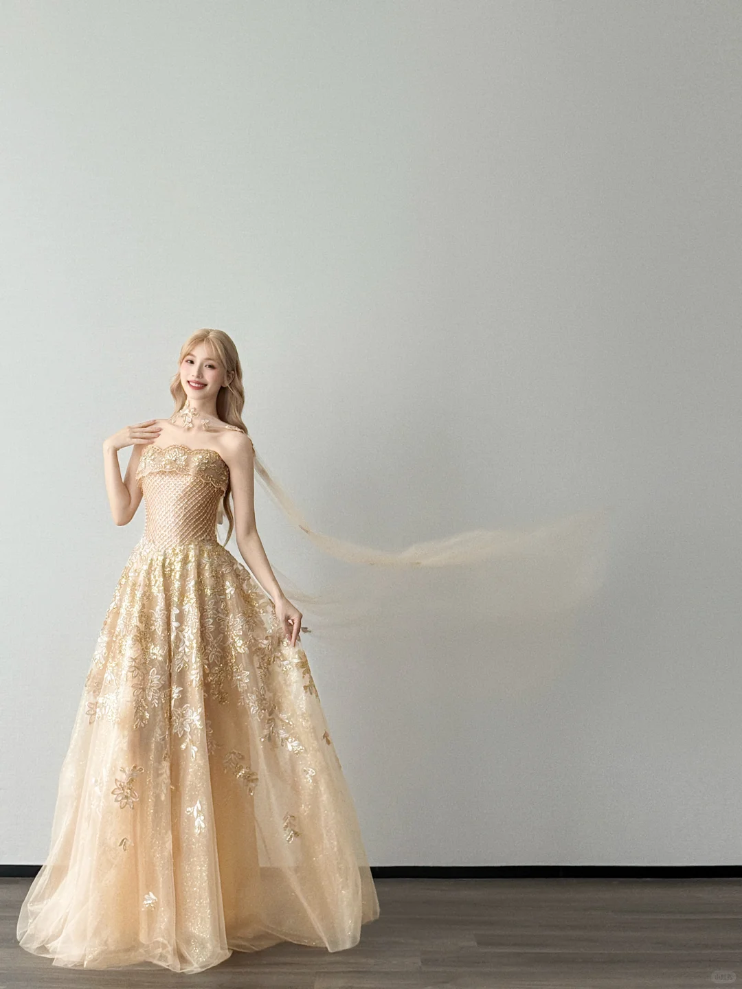 Champagne Strapless Ball Gown Gold Floral Tulle Prom Dress With Streamer  NV7113