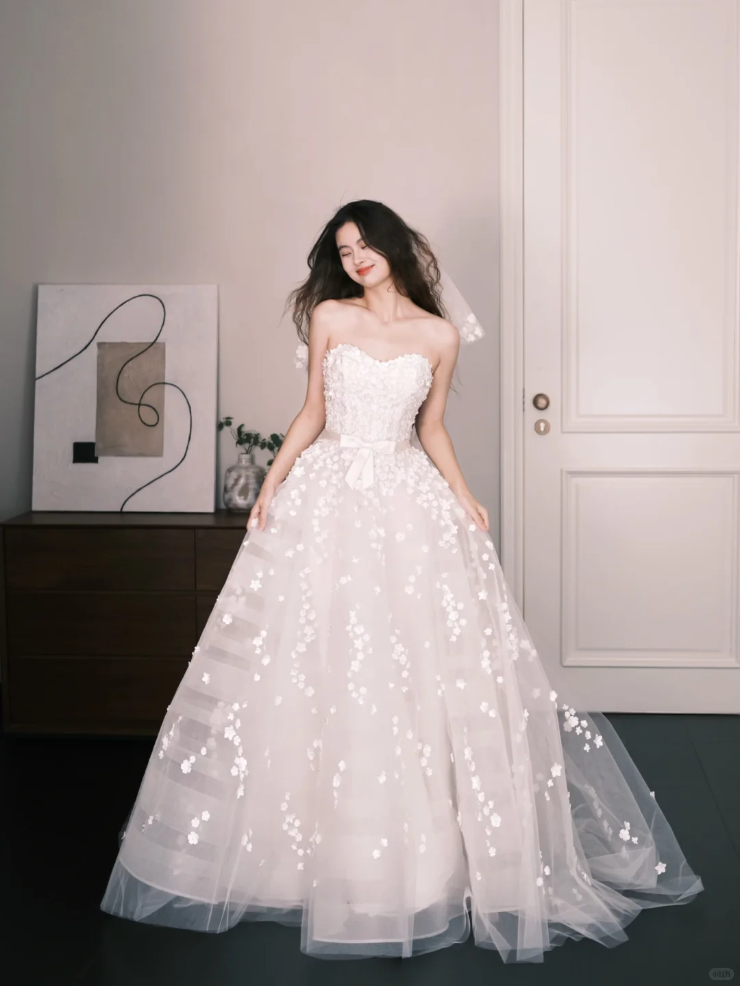 Strapless Sweetheart 3D Flower A Line Wedding Gown with Bow Sash  NV7345