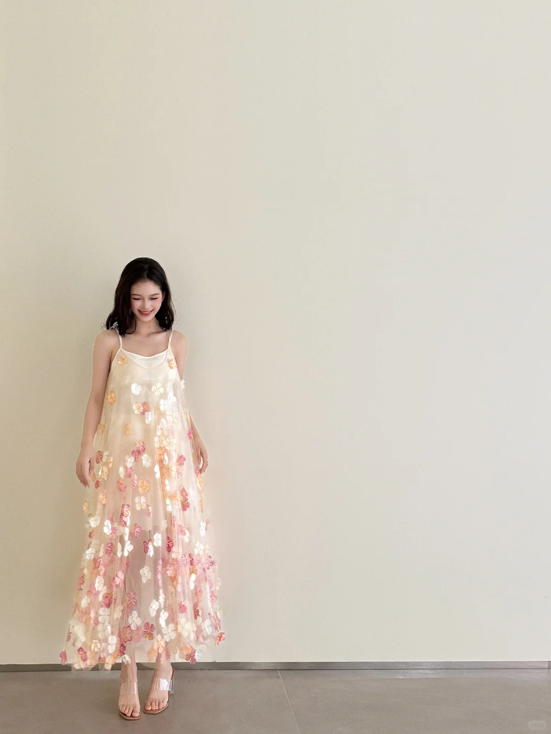 Champagne Spaghetti Strap 3D Floral Tulle Dress Flowy Evening Gown  NV7132