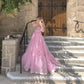 Pink Off-the-shoulder Ruffle Chiffon Lace A-line Sweet Long Prom Gown Party Dress nv2694