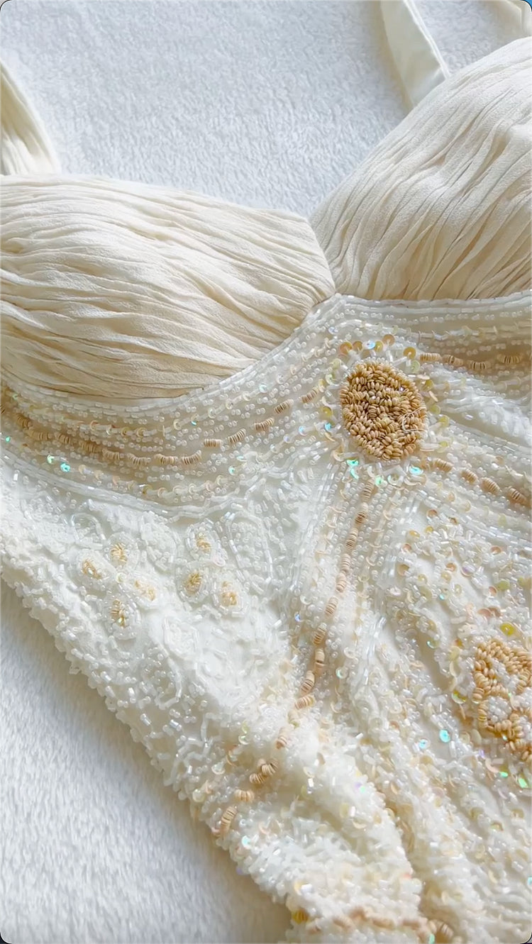 Robe de soirée longue en dentelle, style vintage, élégante et raffinée, avec perles, style ivoire, nv3566