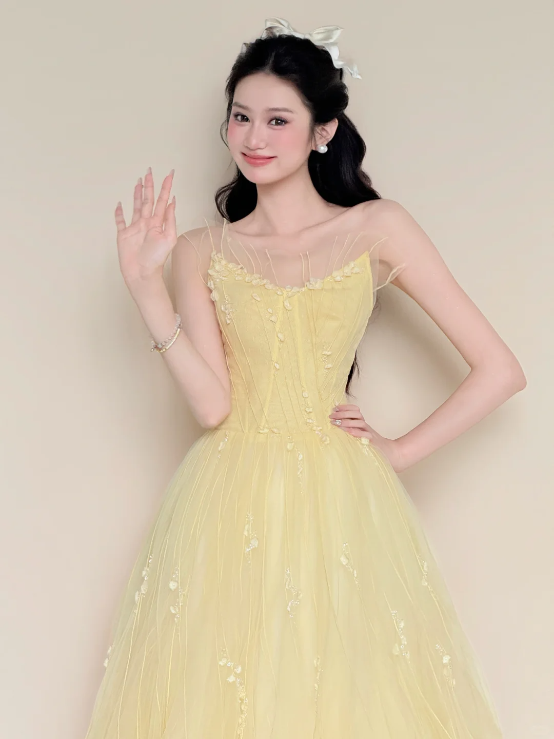 Off Shoulder Pale Yellow Pearl Floral Tulle Evening Ball Gown  NV7430
