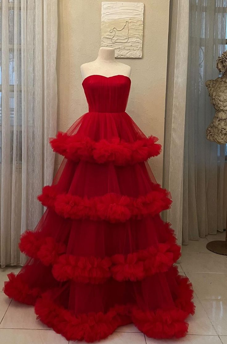 Robe de soirée longue en tulle rouge à volants, élégante et tendance, nv4912