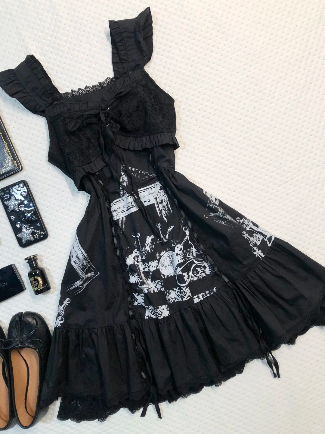 Black Chess Print Midi Homecoming Dress Ruffle Wide Strap Lace Lolita Vintage Cocktail Gown  NV6929