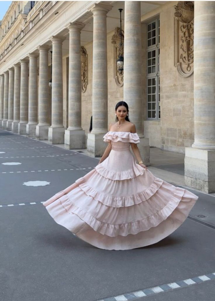 Pink off-the-shoulder ruffled flowing long party dress evening gown nv2697