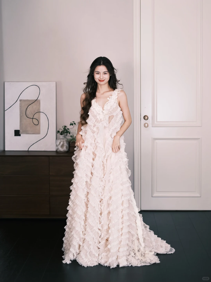 Champagne Lace Tiered Ruffle Tulle Wedding Dress  NV7319