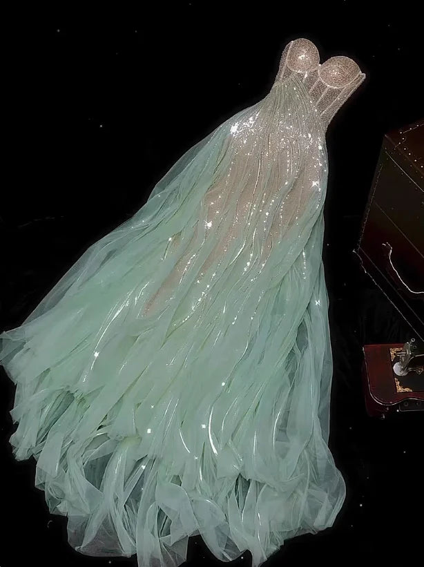 Pink Green Shiny Sequin Spaghetti Straps Fashion Elegant Long Tulle Ball Gown Evening Dress nv3125