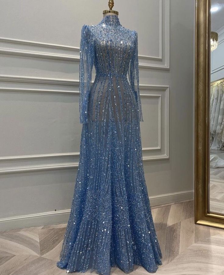 Robe de soirée bleue magnifique, luxueuse et exquise, à manches longues et perles, longueur au sol, robe de bal, robe de soirée, nv3893