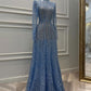 Robe de soirée bleue magnifique, luxueuse et exquise, à manches longues et perles, longueur au sol, robe de bal, robe de soirée, nv3893