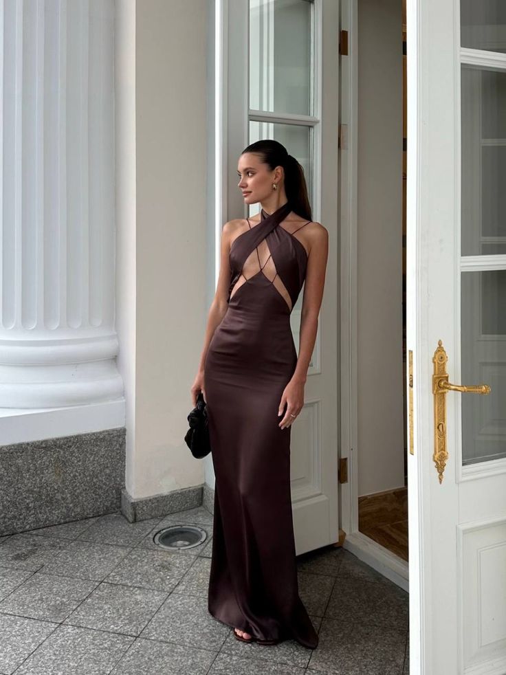 Brown Sexy Elegant Strapless Long Satin Ball Gown Evening Dress Birthday Holiday Party Dress nv3111