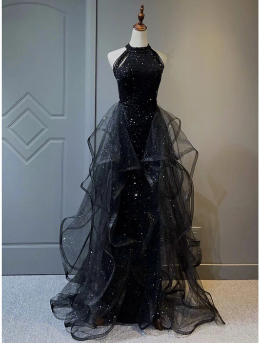 Schwarzes, glänzendes, elegantes, bodenlanges A-Linien-Ballkleid mit Pailletten, Abendkleid, Ballkleid, nv3949