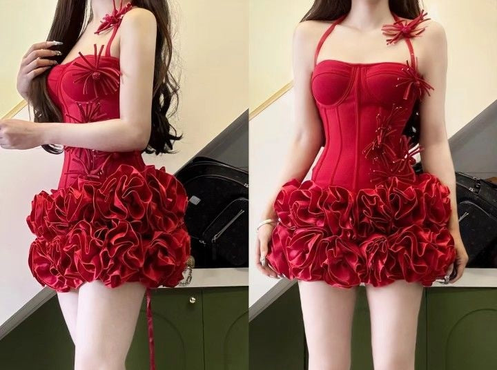 Robe de bal courte rouge à fleurs et perles, col licou, robe de soirée, robe d'anniversaire, nv4822