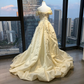 Off Shoulder Cream Yellow Victorian Wedding Dress Puff Sleeve 3D Flowers Ruffled Satin Lace Long Train Ball Gown  NV6978