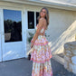 A-Line Floral Print Halter Long Prom Gown Tiered Formal Party Dress Maxi Dress nv2675