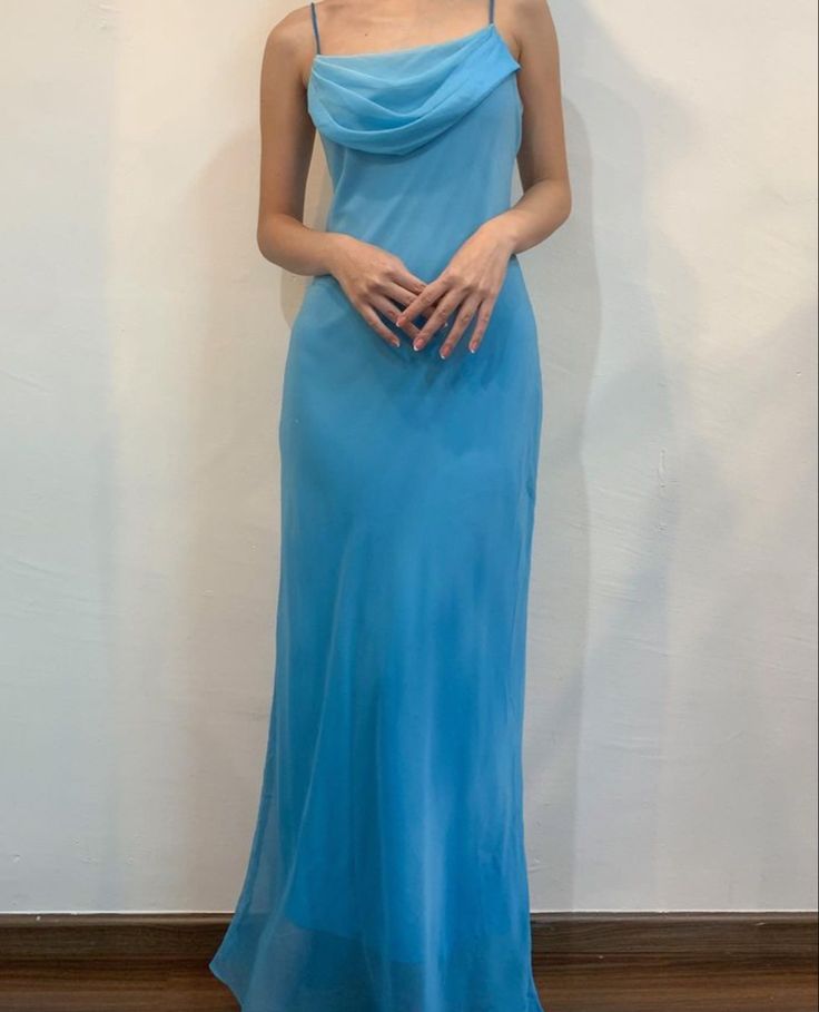 Robe de soirée longue en mousseline de soie, élégante et bleue, à bretelles spaghetti, nv3712