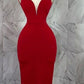 Robe de soirée longue élégante à col en V et bretelles larges rouge nv3160