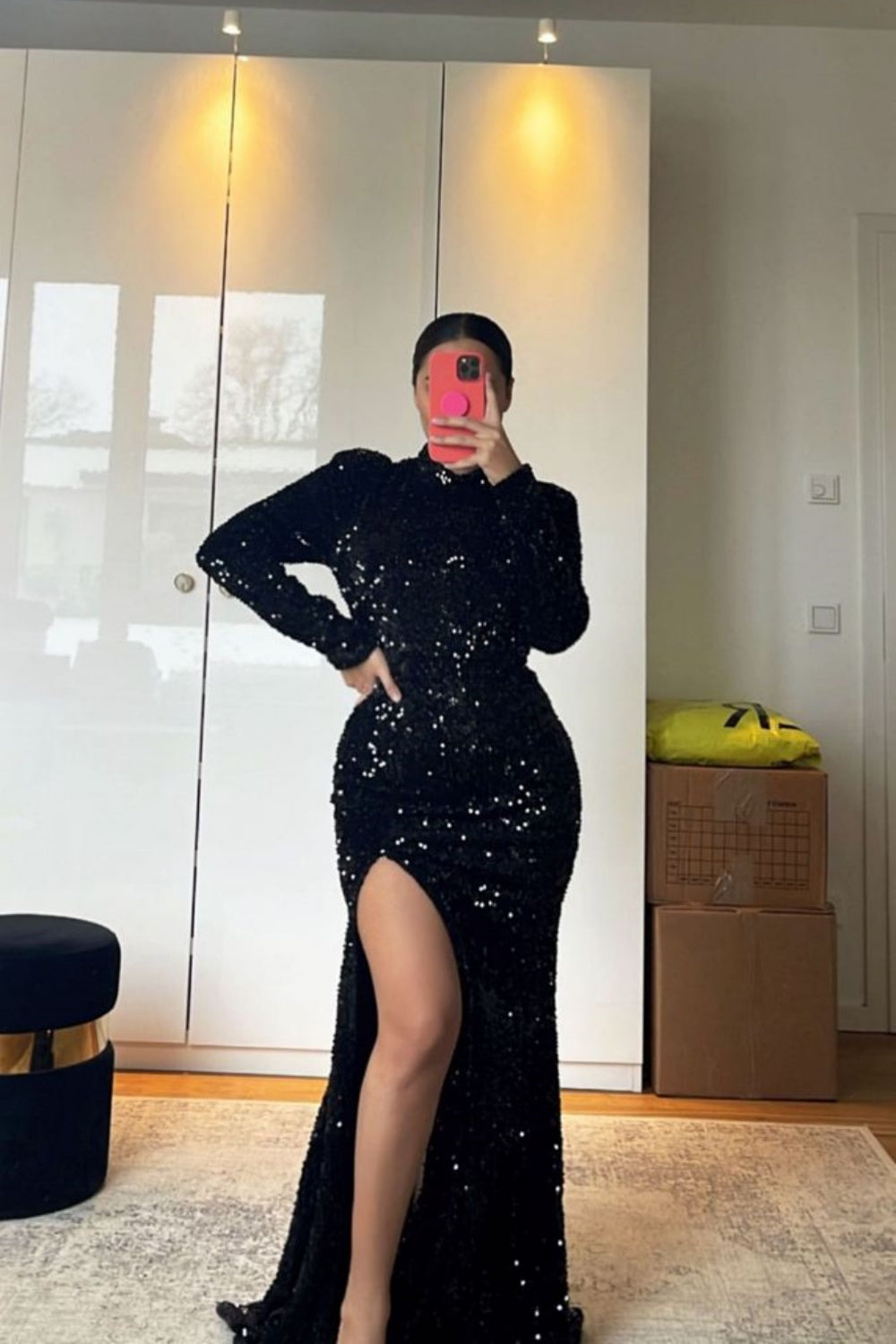 Black long sleeve shiny sequins long sexy slit prom dress evening dress party dress nv3140