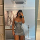 Robe de soirée courte à bretelles spaghetti argentées et paillettes nv2408