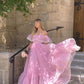 Pink Off-the-shoulder Ruffle Chiffon Lace A-line Sweet Long Prom Gown Party Dress nv2694