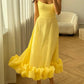 NiceVestidos - Robe de soirée midi élégante à fines bretelles et ourlet volanté, jaune clair, style français, NV5902