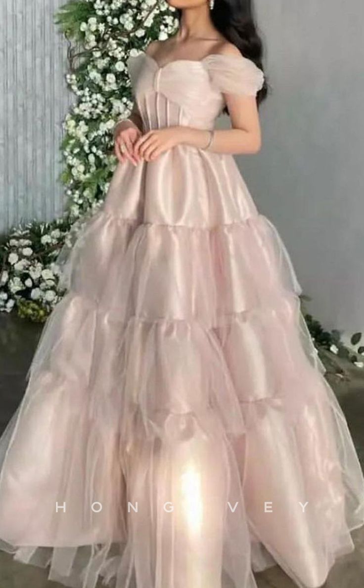 Pink Sweetheart Neck Short Sleeve Off-the-shoulder Long Tulle Evening Dress Princess Dress Formal Floor-length Satin with Pleats nv3151