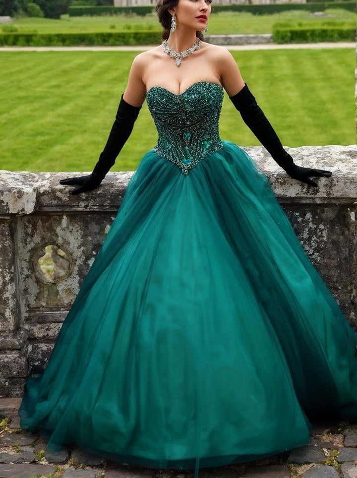 NiceVestidos – Smaragdgrünes, ärmelloses, bodenlanges Ballkleid aus Tüll mit Perlenbesatz und Schleppe, trägerlos, bodenlang, NV6168