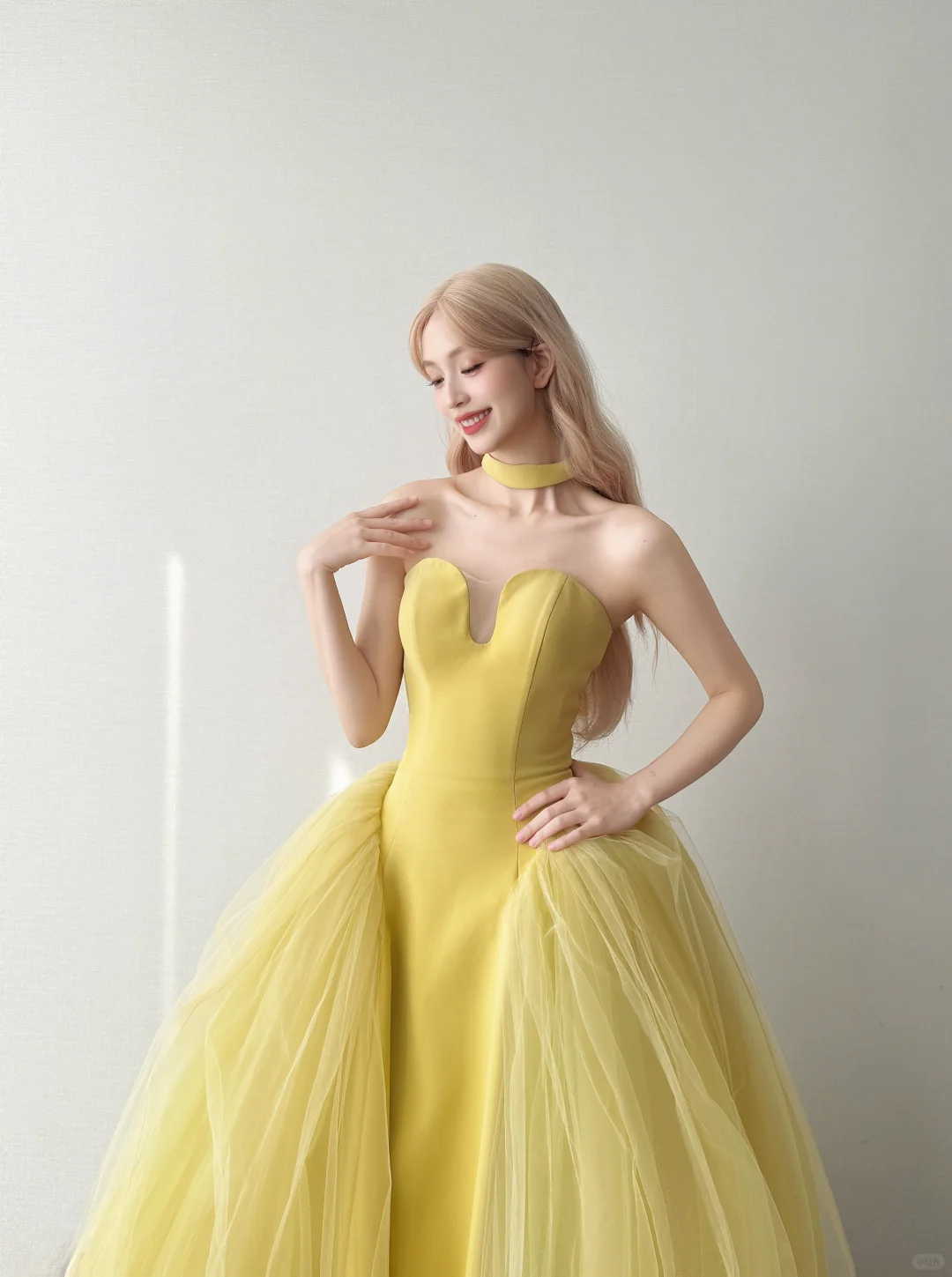 Bright Yellow Strapless Notch V Prom Gown Satin Choker Neck Layered Tulle A Line Evening Dress  NV7156