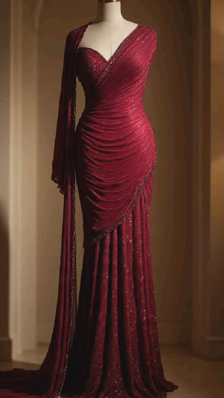NiceVestidos-Burgunderfarbenes Pailletten-Chiffon-Meerjungfrauenkleid mit One-Shoulder, langen Ärmeln und bodenlanger Schleppe NV6162