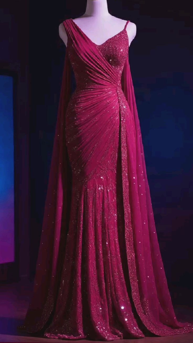 NiceVestidos-Fuchsia Pailletten-Chiffon-One-Shoulder-Ärmelloses bodenlanges Meerjungfrauen-Cape-Kleid NV6163