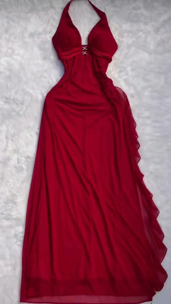 NiceVestidos - Robe de bal longue en mousseline à volants et bretelles rouges, robe de fée NV5702