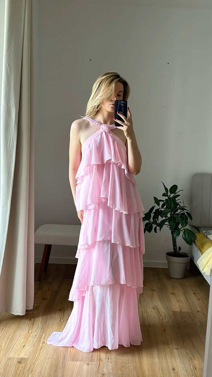 Robe de soirée longue en mousseline de soie rose à volants, jolie et mignonne, longueur au sol, pour bal de promo, pour 22e anniversaire, nv3904