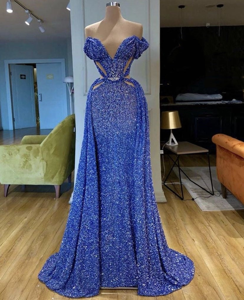 Robe de soirée sirène longue et élégante, bleu perlé, brillante, magnifique, sexy, longueur au sol, robe de bal, robe de soirée nv5111