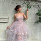 Robe de soirée courte en tulle à bretelles spaghetti rose nv3012