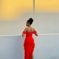 Red shoulder strap ruffle long ball gown evening dress wedding guest party dress nv2901