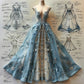 Blaues Vintage-Elegantes, zartes, perlenbesetztes Spitzen-Applikations-Spaghettiträger-langes Tüll-Ballkleid-Abendkleid nv3768